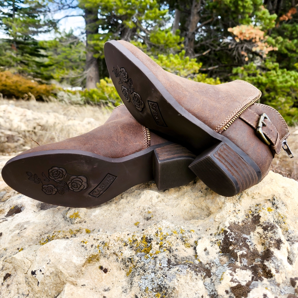 Carlos Santana Brown Ankle Booties Buckle Zipper Low Heel Size 6.5 Boho Western - Picture 4 of 7